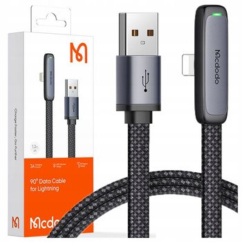 MCDODO KABEL KĄTOWY USB LIGHTNING PŁASKI 36W DO IPHONE 12 13 14 CZARNY 1M