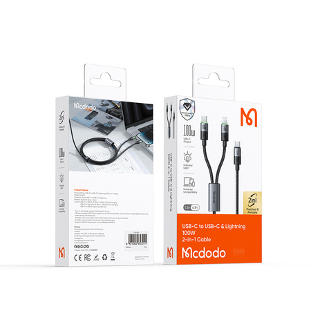 MCDODO KABEL USB-C 2W1 SZYBKIE ŁADOWANIE DO IPHONE 14 MACBOOK LED 100W 2M