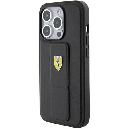 Etui Ferrari Grip Stand Metal Logo na iPhone 15 Pro - czarne