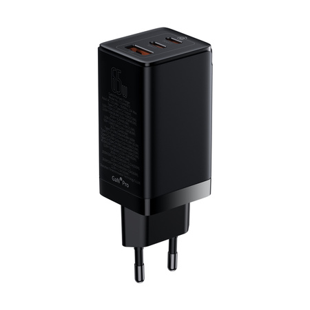 Baseus GaN3 Pro szybka uniwersalna ładowarka sieciowa GaN 2 x USB Typ C / USB 65W PD3.0, QC4.0+, AFC czarny + kabel USB Typ C - USB Typ C 1m (CCGP050101)