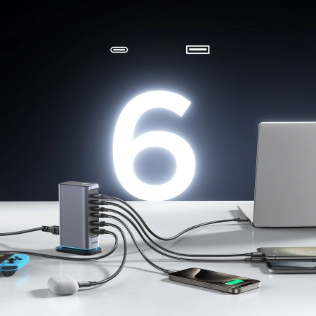 Ładowarka Joyroom JR-TCM02 wieloportowa GaN 65W EU 4x USB-C 2x USB-A - ciemnoszara