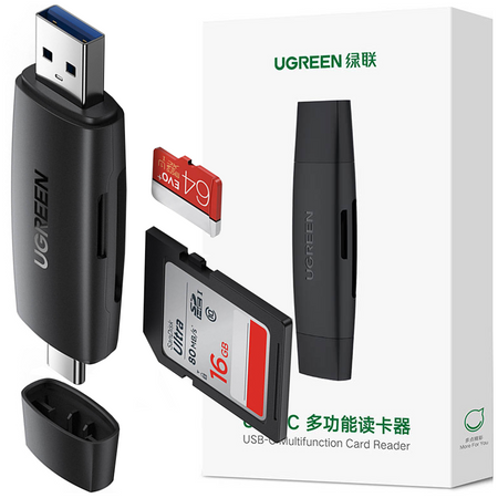 Ugreen adapter czytnik kart SD / micro SD (USB-A / USB-C) czarny (CM304)