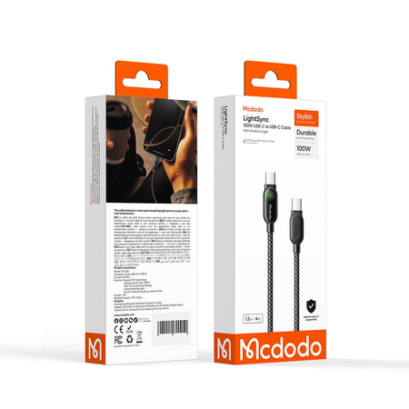 MCDODO KABEL USB-C USB-C SZYBKIE ŁADOWANIE USB TYP C PD 100W 1M LED CZARNY