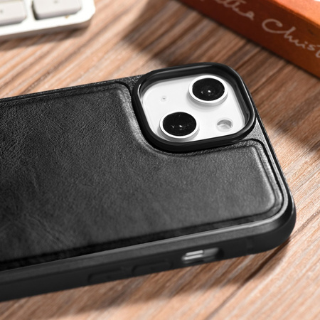 iCarer Leather Oil Wax etui pokryte naturalną skórą do iPhone 14 Plus (kompatybilne z MagSafe) czarny (WMI14220719-BK)