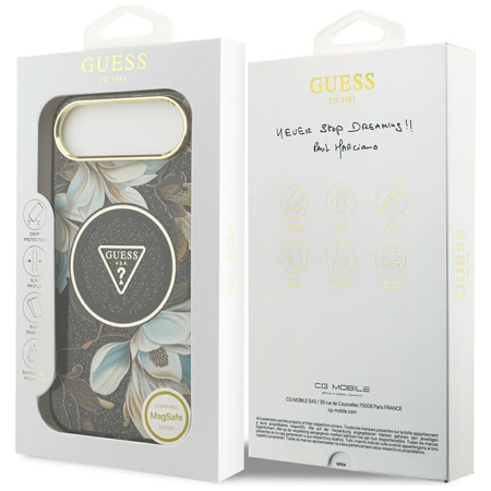 Etui Guess IML Glitter Flowers Triangle  MagSafe do iPhone Air czarny