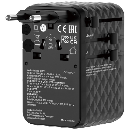 Verbatim Adapter podróżny EU/UK/US GaN 2xUSB-C/2xUSB-A/1xUSB-C PD 100W czarny 30191