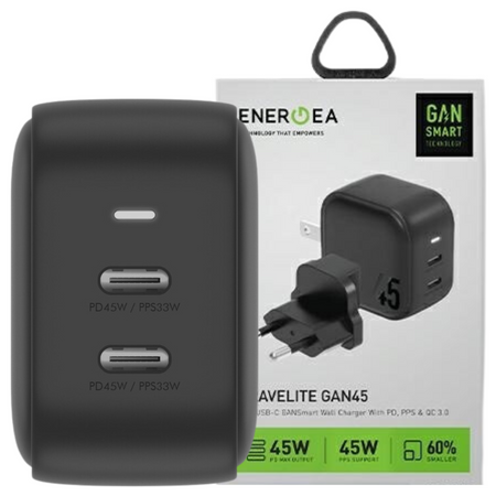 ENERGEA ład. siec. 2xUSB-C PD-PPS 45W2C czarny/black US+EU Travelite GAN45