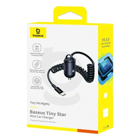 Ładowarka samochodowa Baseus Tiny Star 30W z wbudowanym spiralnym kablem USB-C - czarna