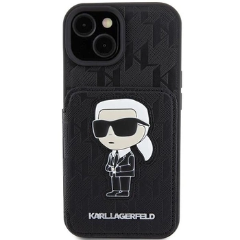 Etui Karl Lagerfeld Saffiano Cardslots and Stand Monogram Ikonik Patch do iPhone 15 - czarne