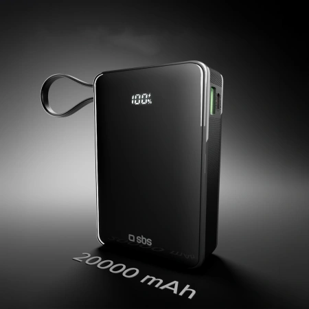 Powerbank SBS 20000 mAh 20 W z wbudowanym kablem USB-C i wyświetlaczem cyfrowym - czarny