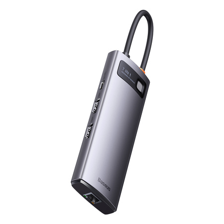 Baseus Metal Gleam Series stacja dokująca HUB 7 w 1 USB Typ C - 2 x HDMI / 3 x USB 3.2 Gen. 1 / 1 x Power Delivery / 1 x RJ-45 Ethernet szary (WKWG040113)