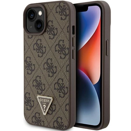 Etui Guess Leather 4G Triangle Strass do iPhone 15 - brązowe