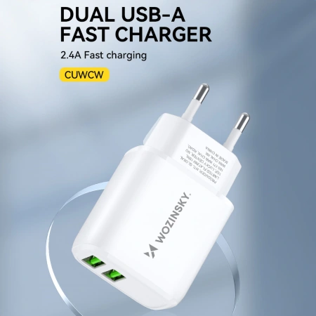 WOZINSKY ŁADOWARKA 2X USB-A 2,4A DO TELEFONÓW I URZĄDZEŃ BIAŁA KOMPAKTOWA