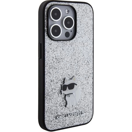 Etui Karl Lagerfeld Fixed Glitter Choupette Logo Metal Pin do iPhone 15 Pro - srebrne