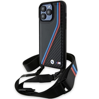 Etui BMW M Edition Carbon Tricolor Lines & Strap na iPhone 15 Pro Max - czarne