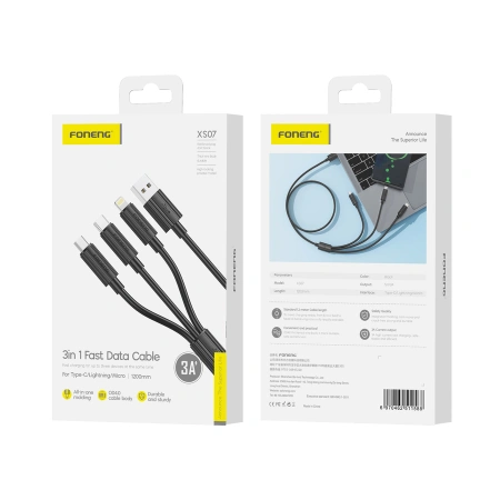 FONENG kabel XS07 3w1 3A 1.2M Czarny