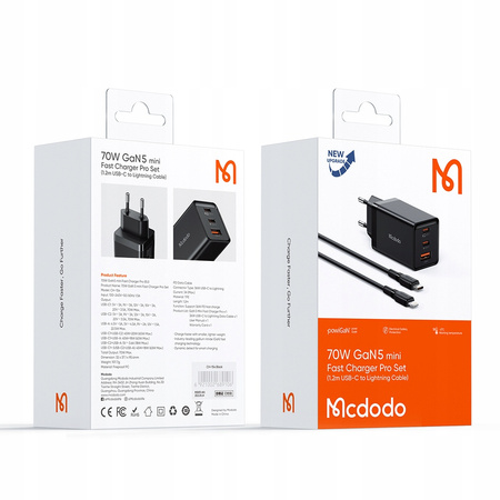 MCDODO SZYBKA ŁADOWARKA SIECIOWA ZASILACZ 3X USB-C PD USB GAN 67W KABEL 1M