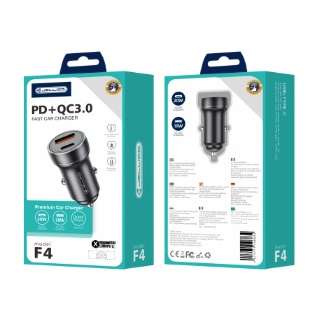 JELLICO ładowarka samochodowa F4 PD 20W 1xUSB-C + 1xUSB QC3.0 + kabel Lightning Czarny