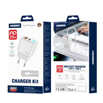 JELLICO ładowarka sieciowa EU11 PD 20W 1xUSB-C + 1xUSB QC3.0 + kabel USB-C - Lightning Biały