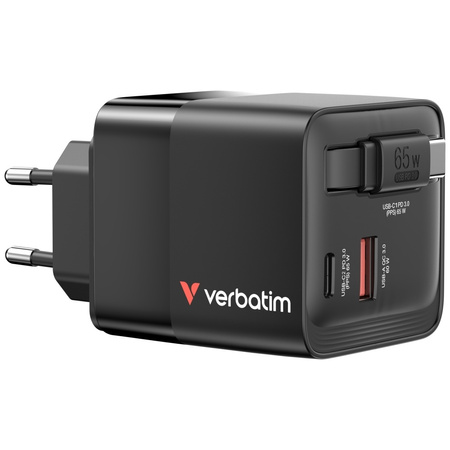 Verbatim Ładowarka sieciowa GaN 65W 2xUSB-C/USB-A + Adapter EU/UK/US czarny/black 32217