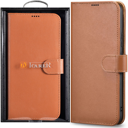 iCarer Haitang Leather Wallet Case skórzane etui do Samsung Galaxy S22+ (S22 Plus) portfel obudowa pokrowiec brązowy (AKSM05BN)