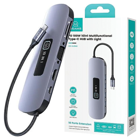 USAMS Adapter HUB 10w1 3xUSB 3.0/TF/SD/USB-C/HDMI/RJ45/VGA PD100W szary/tarnish SJ644HUB01 (US-SJ644)