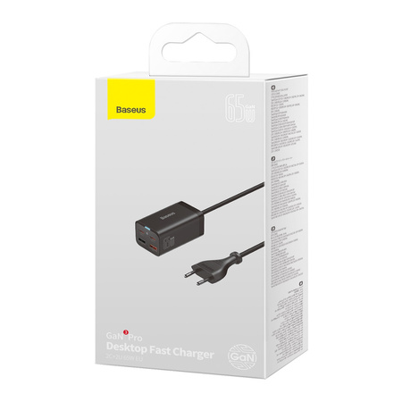 Baseus GaN3 Pro szybka ładowarka sieciowa GaN 2 x USB Typ C / 2 x USB 65W PD, QC4.0+, AFC, PPS + kabel USB Typ C - USB Typ C 1m czarny (CCGP040101)