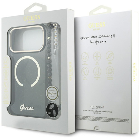 Etui Guess IML Glitters Script Strap MagSafe do iPhone 17 Pro Max czarny