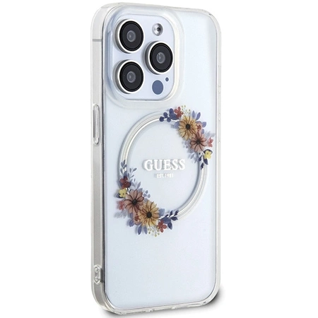 Etui Guess IML Flowers Wreatch MagSafe na iPhone 15 Pro Max - przezroczyste