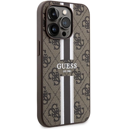 Etui Guess 4G Printed Stripes MagSafe na iPhone 15 Pro - brązowe