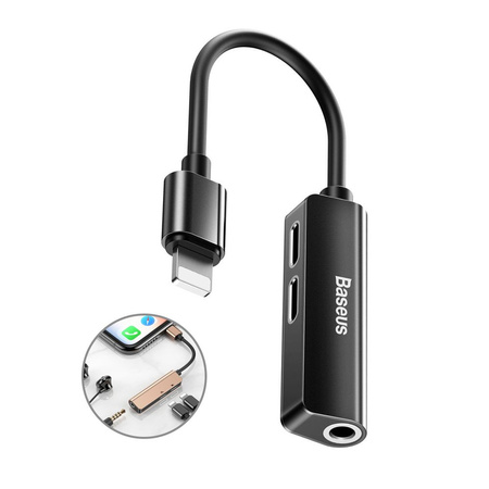 Baseus Audio Converter L52 adapter przejściówka z Lightning na 2x Lightning + mini jack 3.5mm czarny (CALL52-01)