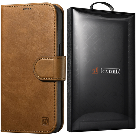 iCarer Oil Wax Wallet Case 2in1 etui iPhone 14 Pro Max skórzany pokrowiec z klapką Anti-RFID brązowy (WMI14220724-TN)