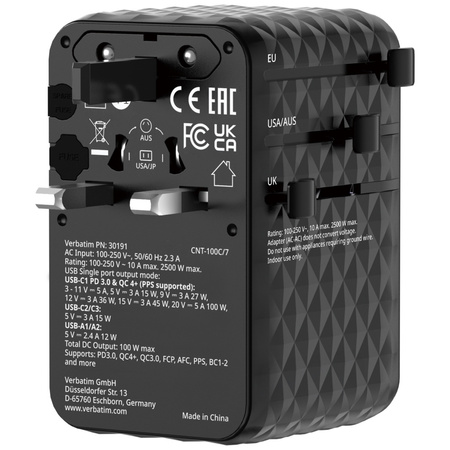 Verbatim Adapter podróżny EU/UK/US GaN 2xUSB-C/2xUSB-A/1xUSB-C PD 100W czarny 30191