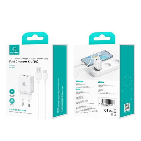 USAMS ŁADOWARKA 2xUSB-A + KABEL USB-C DO TELEFONÓW SZYBKIE ŁADOWANIE PD3.0