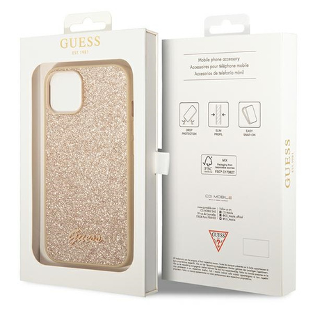 GUESS POKROWIEC HARDCASE DO IPHONE 14 15 13 6.1 ZŁOTY GLITTER SCRIPT