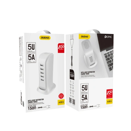 DUDAO ŁADOWARKA 5X USB DO TELEFONÓW EU Z WBUDETNYM KABLEM SIECIOWYM BIAŁA
