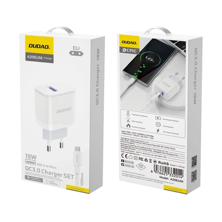 Ładowarka sieciowa Dudao A20EU USB-A 18W - biała + kabel USB-A - micro USB