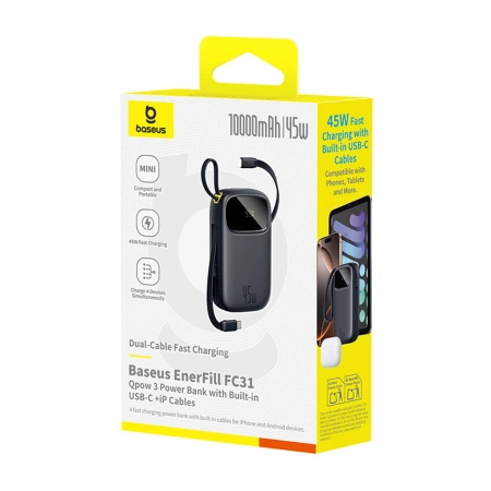 Powerbank Baseus EnerFill FC31 10000mAh 45W z kablami USB-C i Lightning - czarny