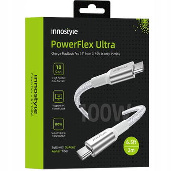 INNOSTYLE POWERFLEX ULTRA KABEL USB-C SZYBKIE ŁADOWANIE THUNDERBOLT 10GBPS 100W KEVLAR 2M SREBRNY