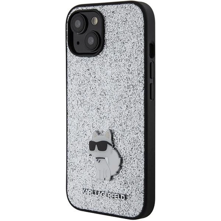 Etui Karl Lagerfeld Fixed Glitter Choupette Logo Metal Pin do iPhone 15 - srebrne