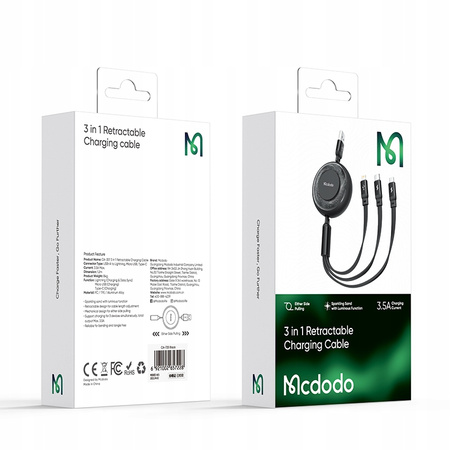 MCDODO KABEL USB 3W1 ZWIJANY SZYBKIE ŁADOWANIE USB-C LIGHTNING MICRO 66W