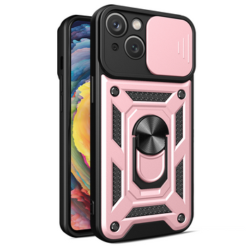 Pancerne etui Hybrid Armor Camshield z podstawką i osłoną aparatu do iPhone 15 - różowe