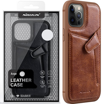 Nillkin Aoge Leather Case elastyczne pancerne etui z prawdziwej skóry z kieszonką iPhone 12 mini brązowy