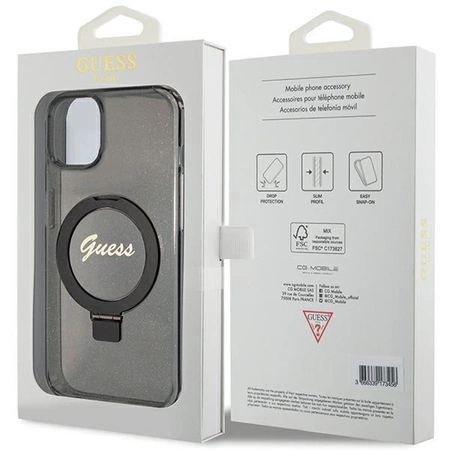 Etui Guess Ring Stand Script Glitter MagSafe na iPhone 15 - czarne