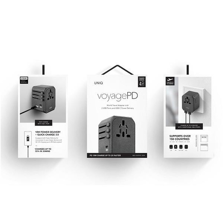 Uniq Ład. siec. Voyage World Adapter 33W + 2xUSB + PD 18W + QC 3.0 - szare (LITHOS Collective)
