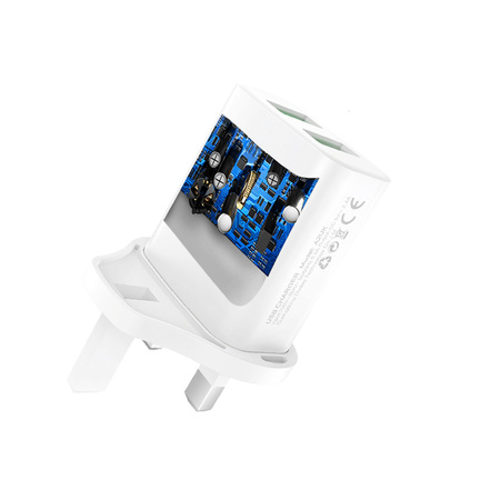 Dudao ładowarka sieciowa wtyczka UK (Wielka Brytania) 2xUSB-A 2.4A biała + kabel USB-A - USB-C biały