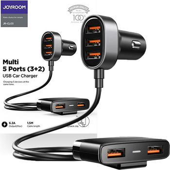 Joyroom szybka ładowarka samochodowa 5x USB 6,2 A z przedłużaczem czarny (JR-CL03)