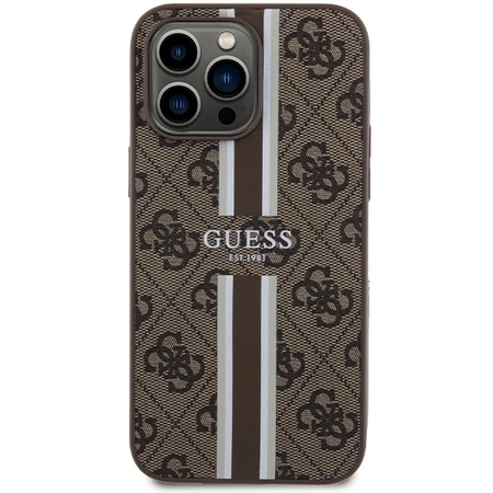 Etui Guess 4G Printed Stripes MagSafe na iPhone 15 Pro Max - brązowe