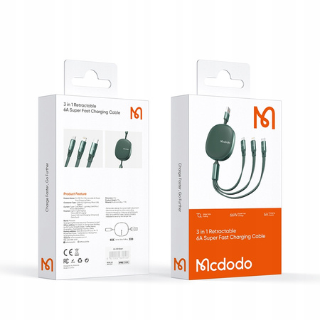 Mcdodo Kabel do telefonu, zwijany, do iPhone, Micro USB,  USB-C, 3w1, 66W, fioletowy