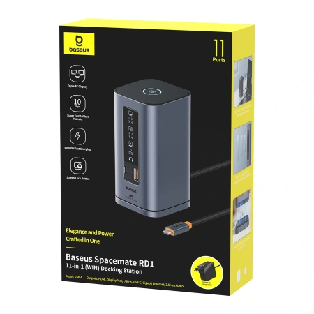 Stacja dokująca Baseus Spacemate RD1 hub 11w1 USB-C - 2xHDMI 4K@60Hz 2xDP 4K@60Hz 2xUSB-A 10Gb/s USB-C 10Gb/s RJ45 USB-A 480Mb/s USB-C PD mini jack 3.5mm ładowarka EU - szara